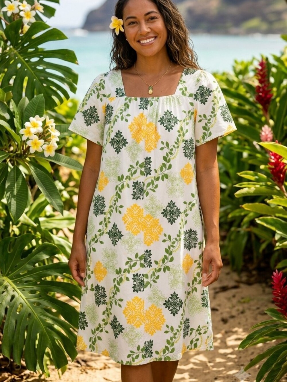 Vintage Floral Hawaiian Muumuu House Dress Green Yellow Patio Shift Pocket Med